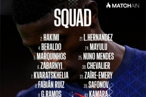 巴黎對馬賽名單：K77領(lǐng)銜，登貝萊、杜埃、內(nèi)維斯、巴爾科拉缺席