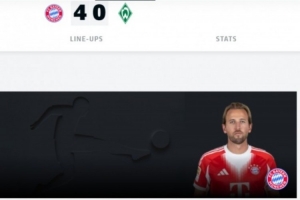 梅開二度！官方：凱恩當選拜仁4-0不萊梅的全場最佳球員