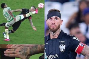 硬漢??39歲拉莫斯頭球時(shí)被對(duì)手一腳正中面門滿臉血，纏繃帶完賽