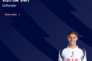 3次攔截+傳球成功率95.6%！范德文當(dāng)選熱刺vs狼隊(duì)最佳球員