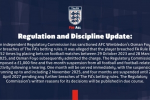 官方：英甲球員福約252次違反博彩條例，被罰款1000鎊+禁賽5個月