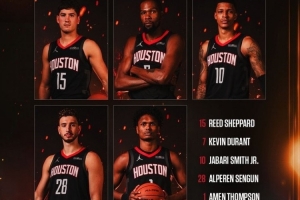 火箭公布今日戰(zhàn)爵士首發(fā)：謝潑德、杜蘭特、小賈、申京、阿門