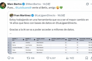 與蘇牙西甲同時(shí)出場(chǎng)勝率100%，巴爾特拉調(diào)侃：來貝蒂斯吧，哥們