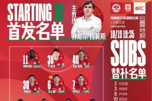 中超第27輪，河南俱樂(lè)部酒祖杜康VS長(zhǎng)春亞泰 首發(fā)及替補(bǔ)隊(duì)員名單
