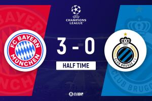 半場-拜仁暫3-0布魯日 小將倫納特-卡爾世界波凱恩迪亞斯破門