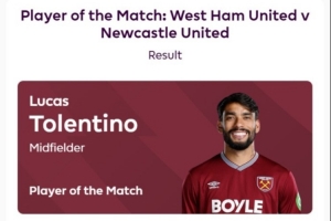 打進世界波，官方：帕奎塔當(dāng)選西漢姆聯(lián)vs紐卡全場最佳球員