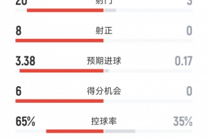 切爾西3-0狼隊全場數(shù)據(jù)：射門20-3，射正8-0，得分機會6-0