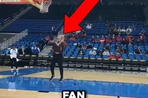 球迷投籃挑戰(zhàn)，沒(méi)想到遇到了專業(yè)的